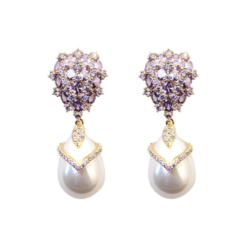 Women's drop shape pearl earrings with zircon inlay in 18K gold tone copper, silver white colour