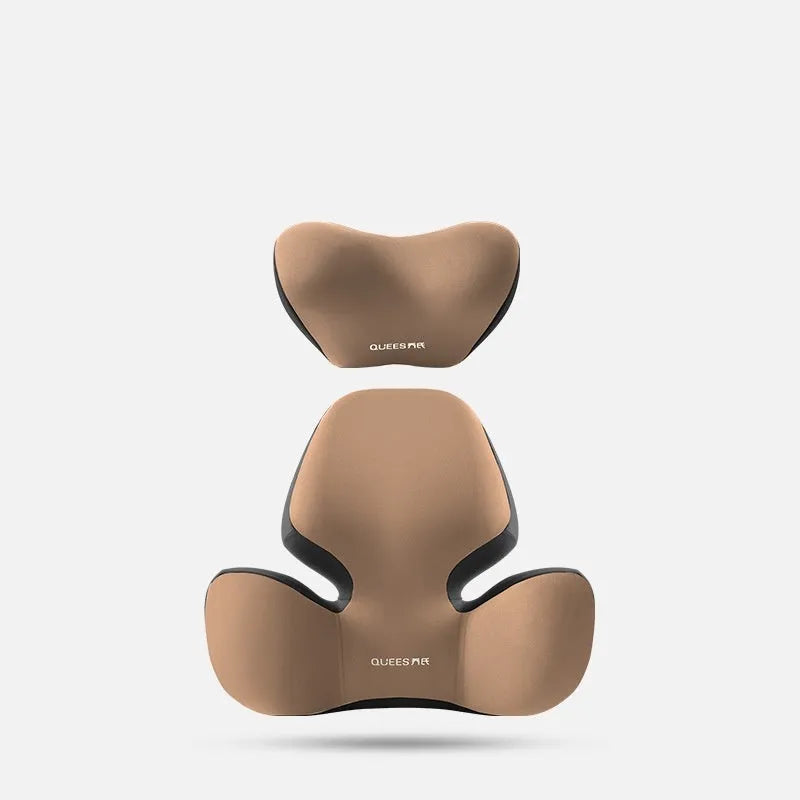 Black grey memory foam automotive lumbar support pillow and headrest on a car seat.