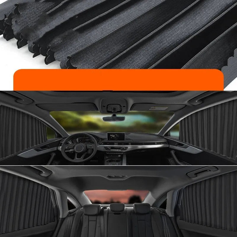 Retractable car sun curtain in opaque cloth extended across vehicle window