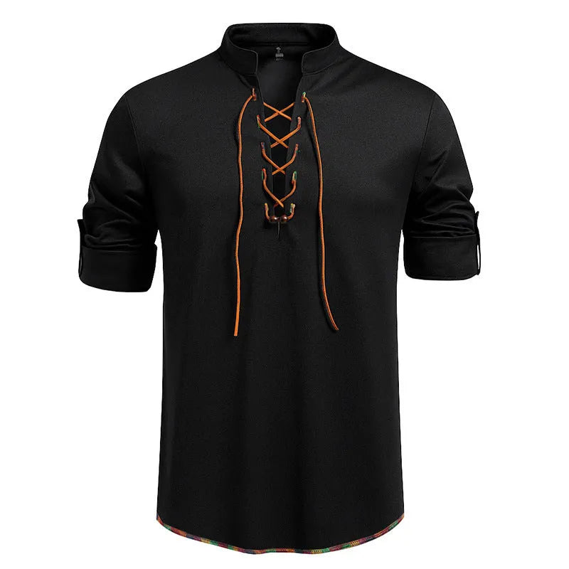 Men's stand-up collar long sleeve T-shirt with drawstring, slim fit pullover in light gray, dark gray, or black