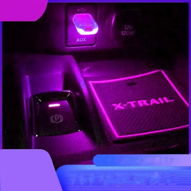 USB car night light with multiple colour modes for atmosphere, U-disk shape, flame-retardant ABS and metal construction