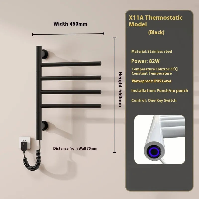 Black stainless steel electric towel rack with 5 layers and constant temperature heating, wall-mounted
