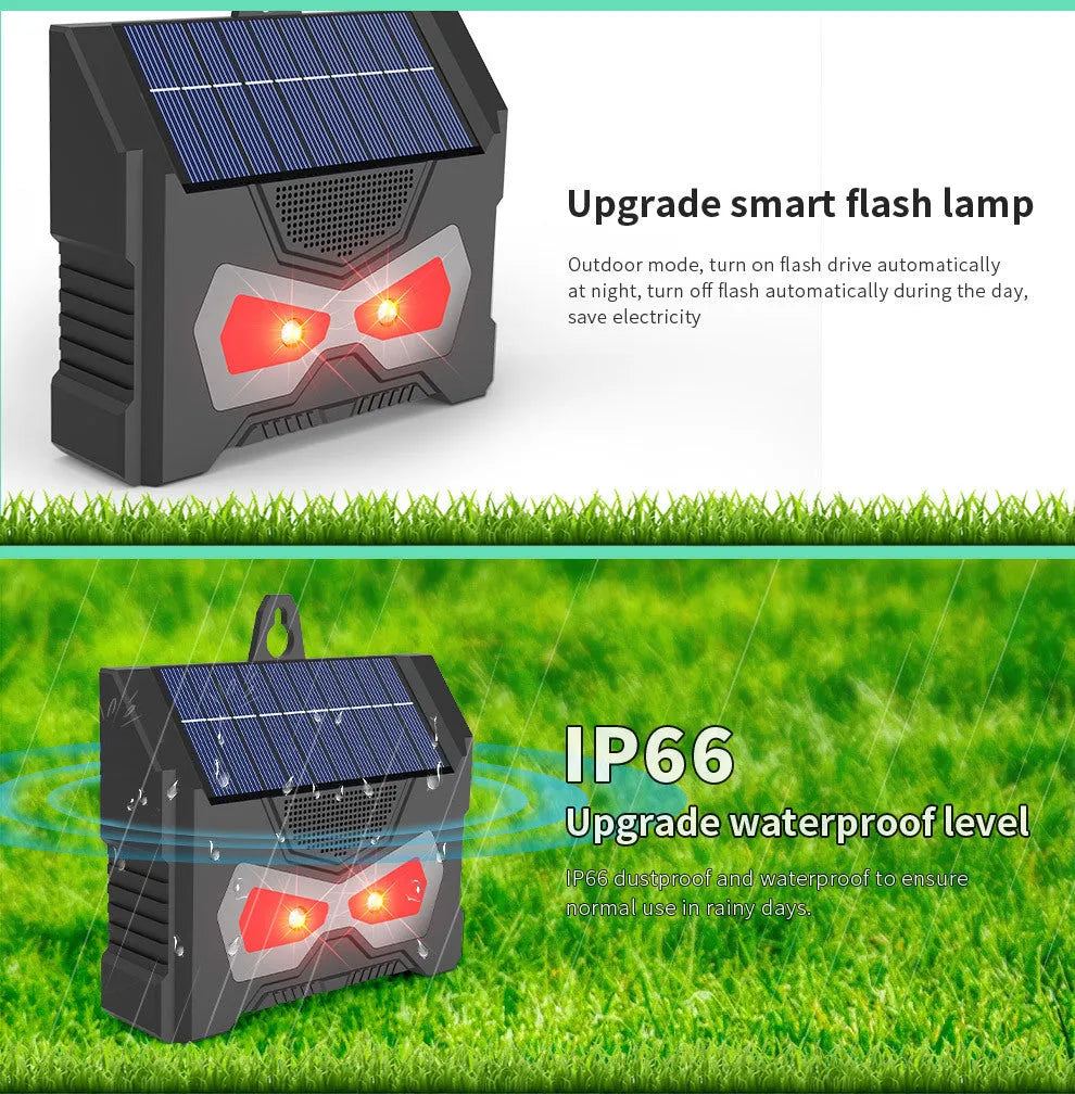 Black solar-powered ultrasonic outdoor animal repeller device with charging cable.