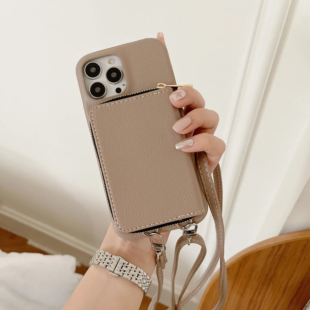 Lychee pattern leather phone case with zipper card holder and lanyard in black colour for iPhone