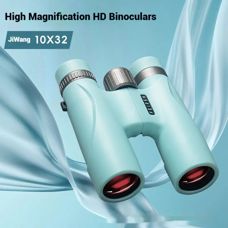 Blue and grey compact 10x32 binoculars with wine red film lenses on a plain background.