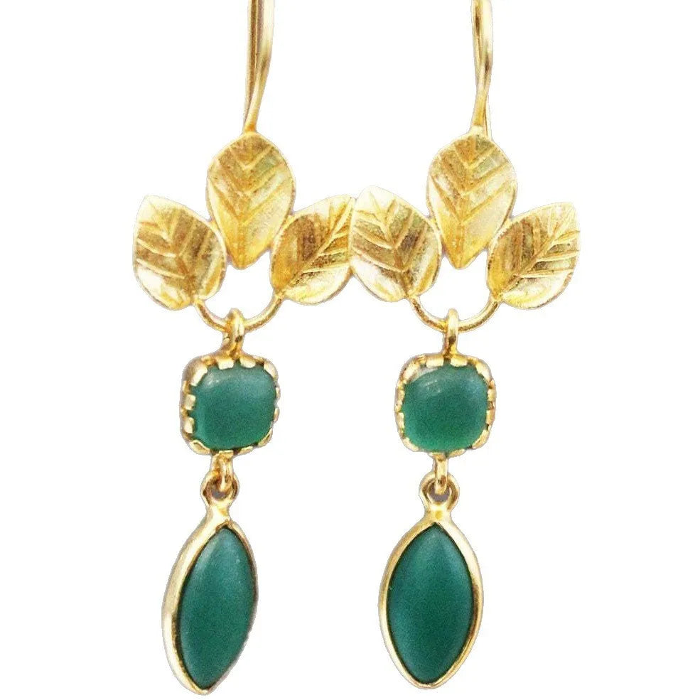 French Leaves retro water drop earrings in gold colour, made from copper, showing delicate drop shape.