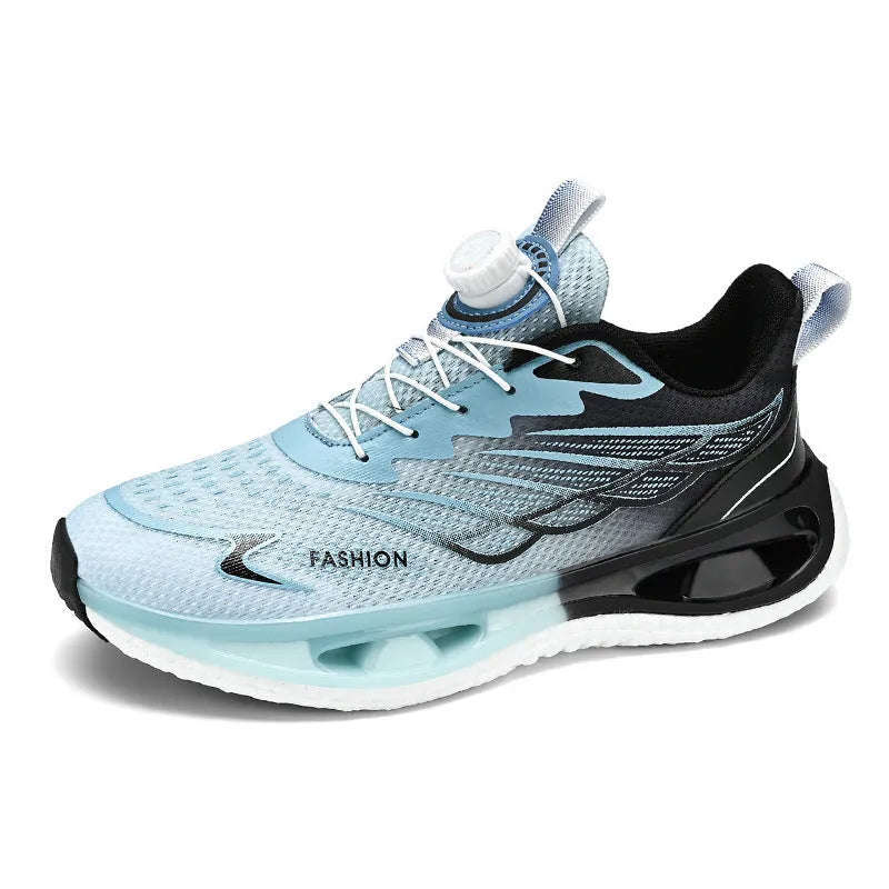 Men's low-top casual sneaker with a rotating button closure, shown in light blue, black, and white/blue colour options.