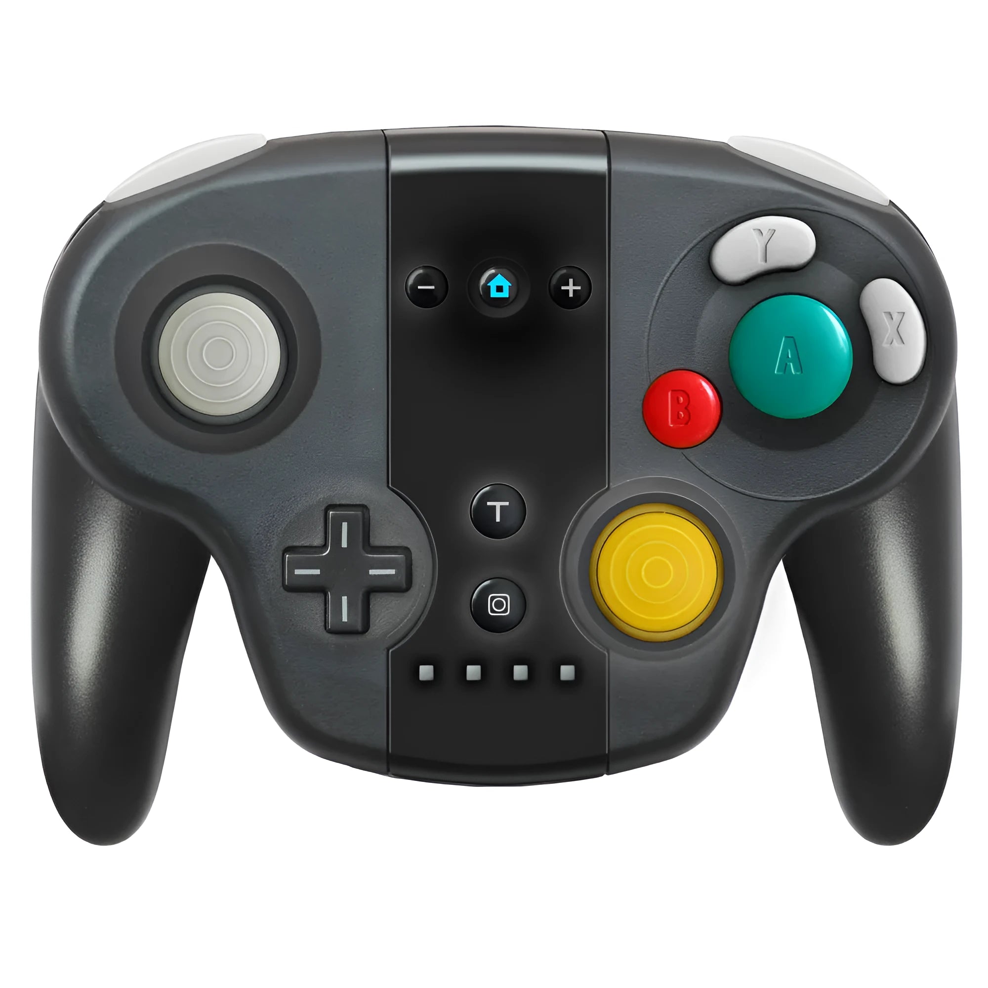 Black wireless gamepad with NFC reader, for Nintendo Switch and Windows PC, beside its USB-C cable and colour packaging box.