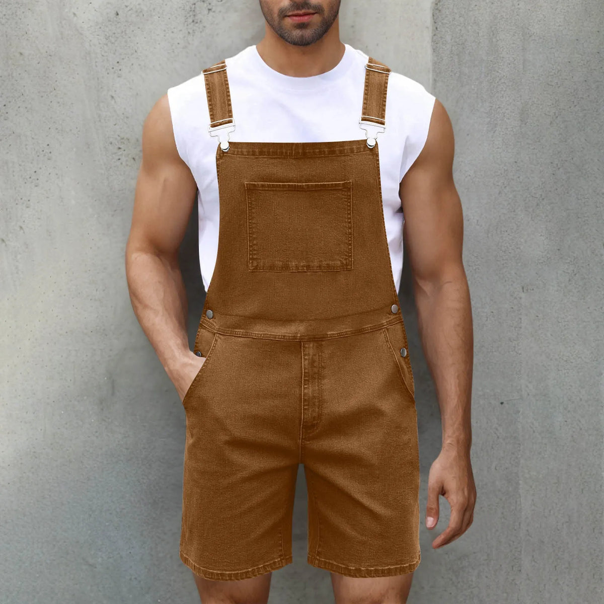 Men's straight-leg denim shorts with zip fly, cotton fabric, available in seven colours and sizes S to XXXL.