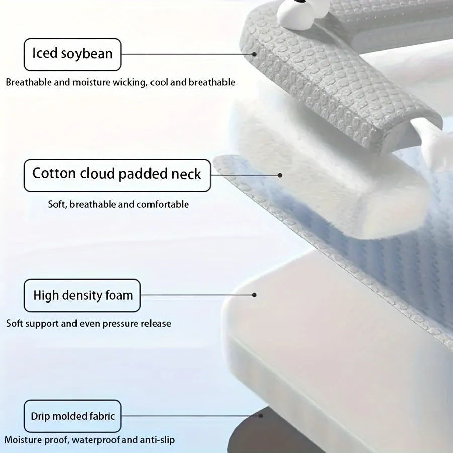Blue pet bed with monster design showing breathable polyester fabric and non-slip base