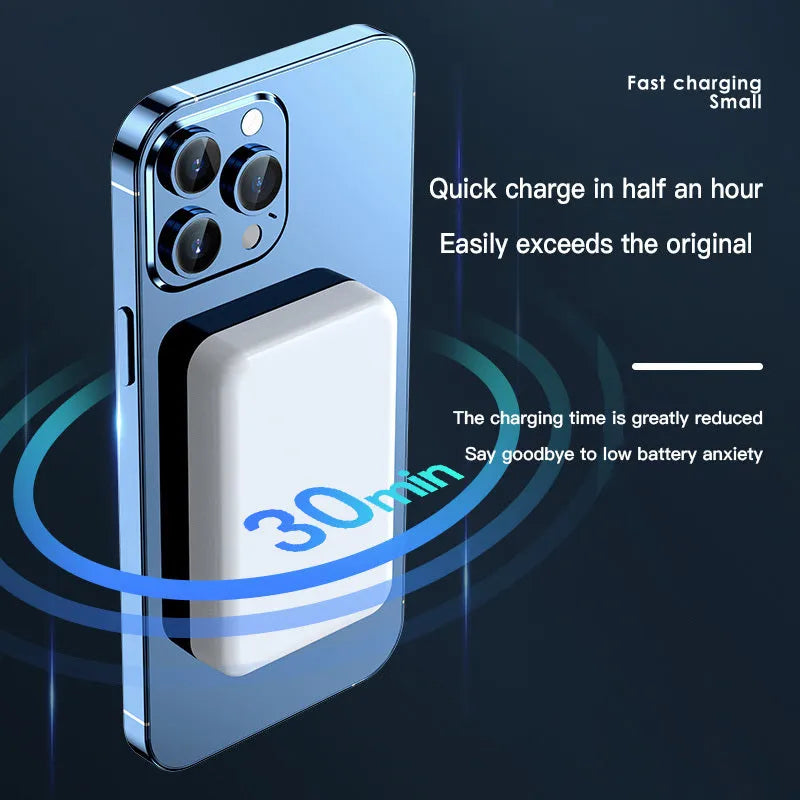 Mobile wireless magnetic plastic power bank in pink purple white colours showing 20000mAh capacity