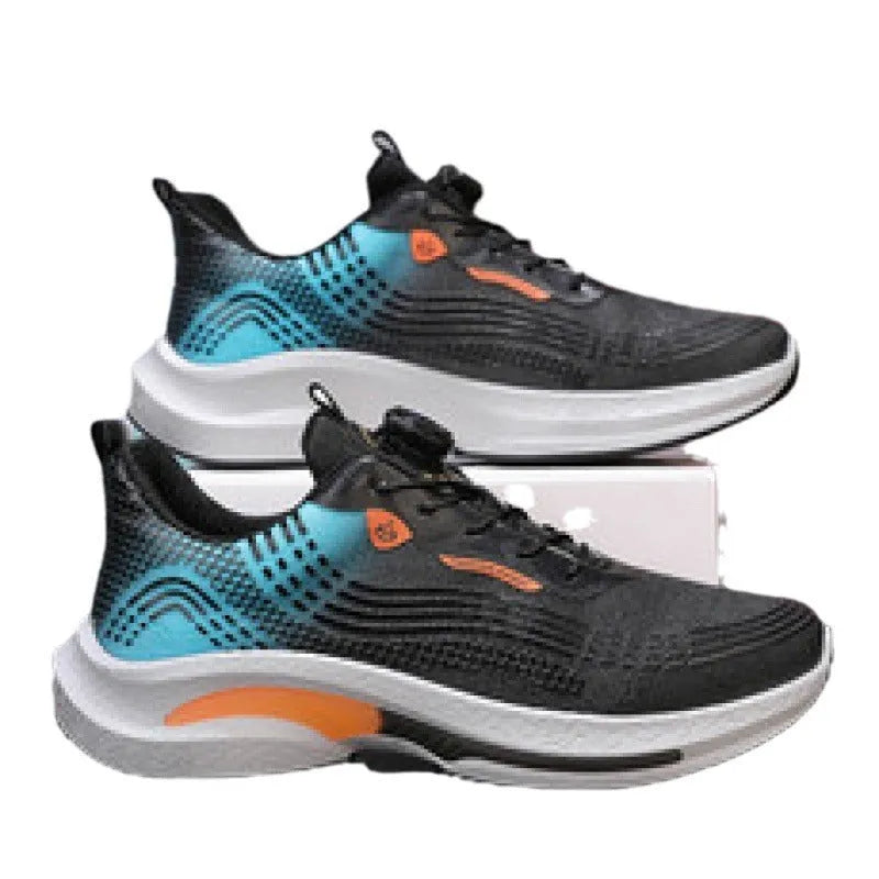 Men's white and blue low-top sneaker with mesh upper and a rotating buckle closure on the side.