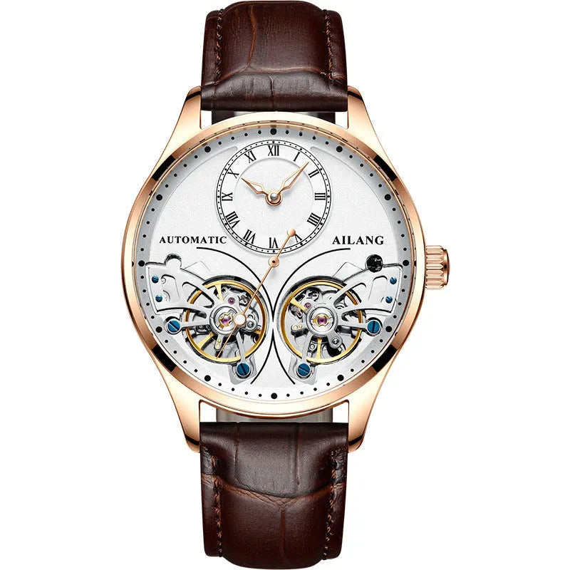 Automatic men's watch with tourbillon and moon phase on black steel strap
