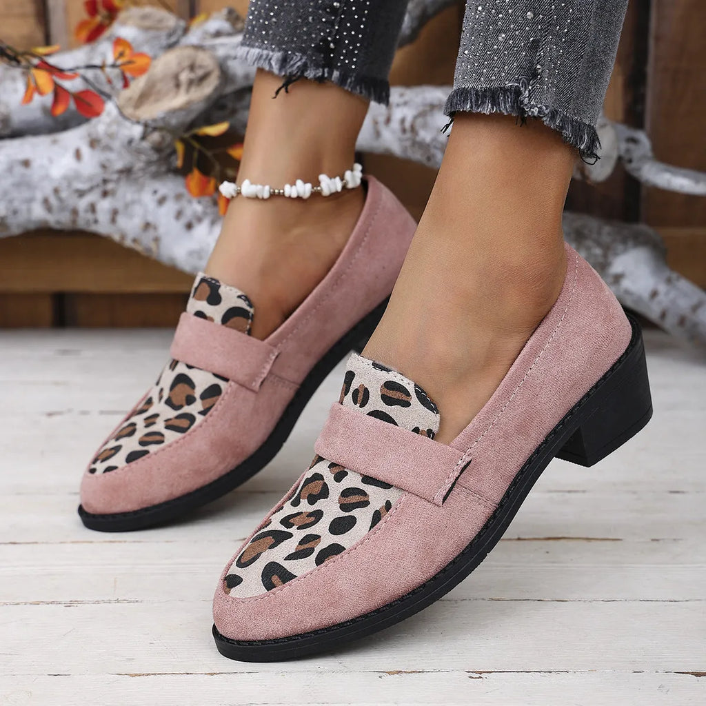 Leopard print suede slip-on shoes with chunky mid heel and pointed toe in brown, khaki, and pink
