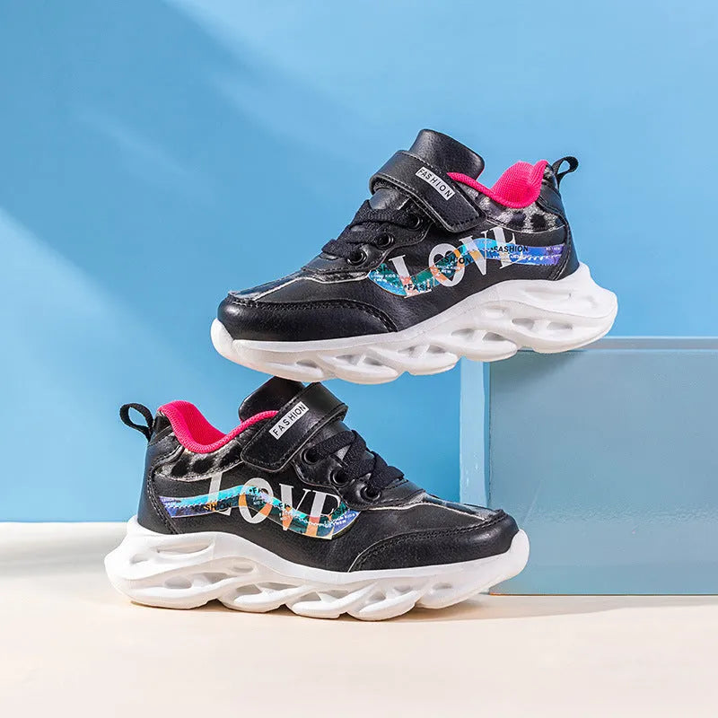 Korean style girls sports shoes in white with Space PU upper and plain design on light background