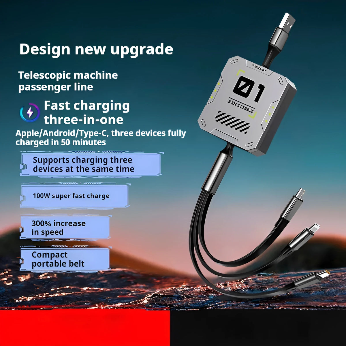 Three-in-one telescopic data cable, 100W fast charge, Mini USB, 0.5-1m, grey black and silver red