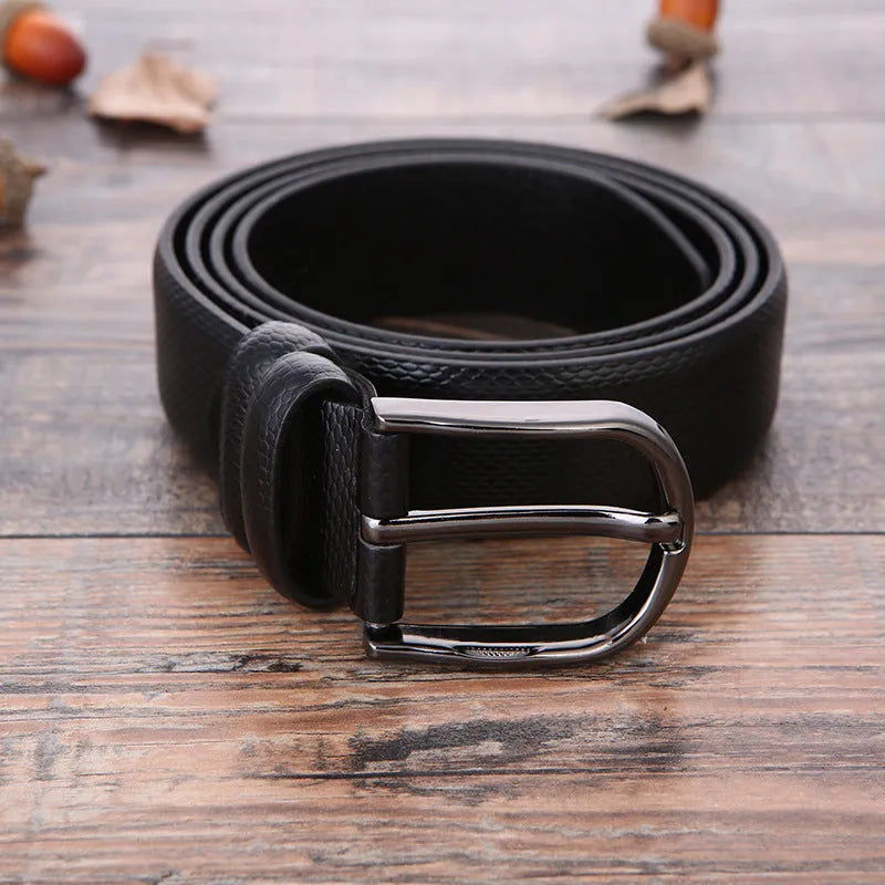 Men's formal business belt with laser logo pattern and alloy pin buckle.