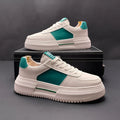 Unisex white green and white black cloth sports shoes with rubber foam soles showing optional inside height increase