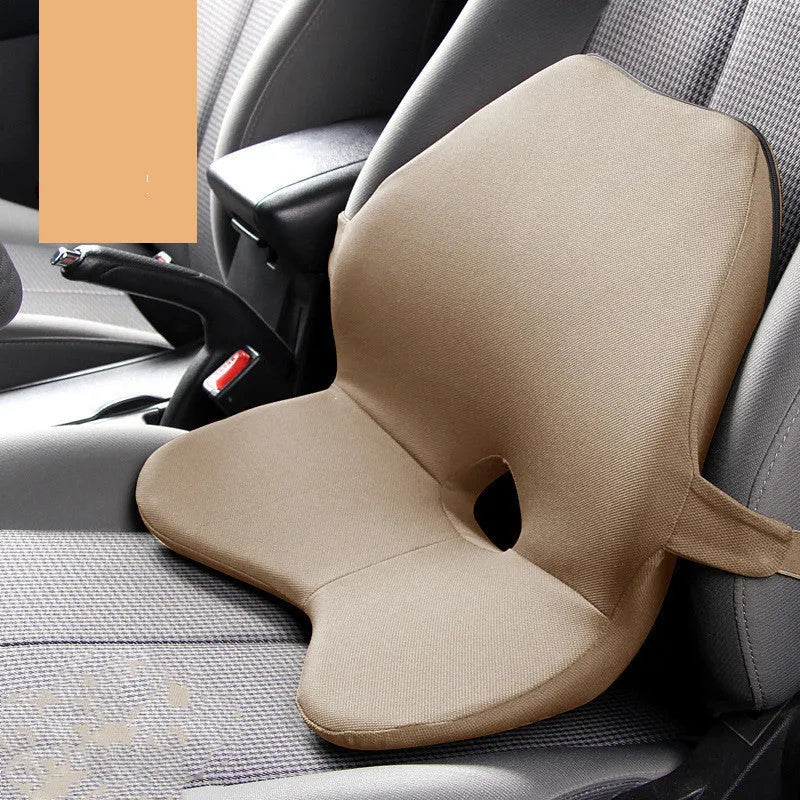 Car seat waist cushion with memory foam padding in beige colour, shown alongside a black version with headrest
