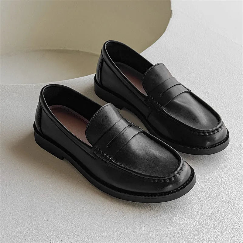 Microfiber slip-on casual shoes in retro business style showing black, beige, apricot and brown colour options