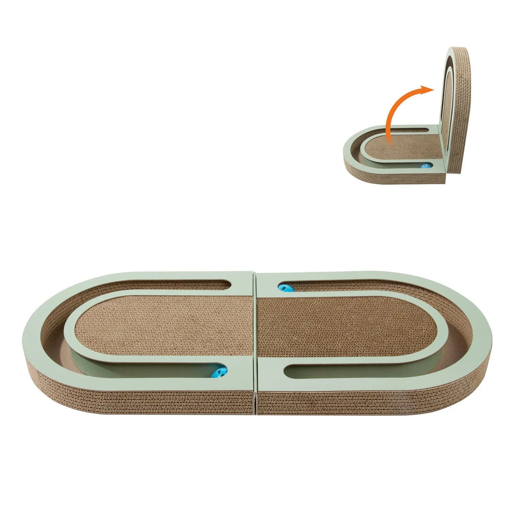 Green folding corrugated paper cat grab board with ball, L660 x W300 x H42mm, Japanese style cat scratcher