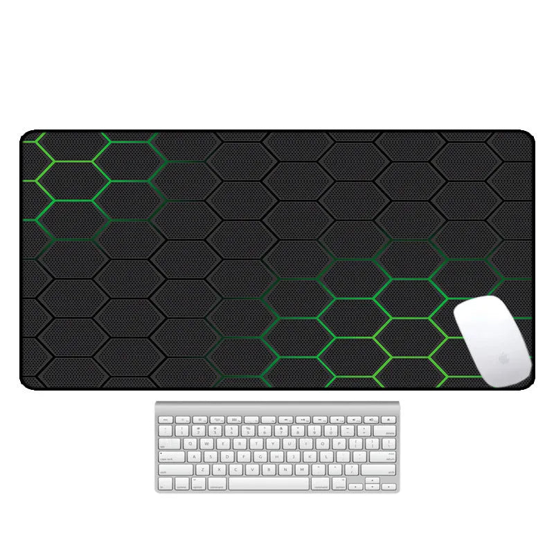 Large rectangular desk pad with printed pattern and natural rubber non-slip base for office or gaming desks.