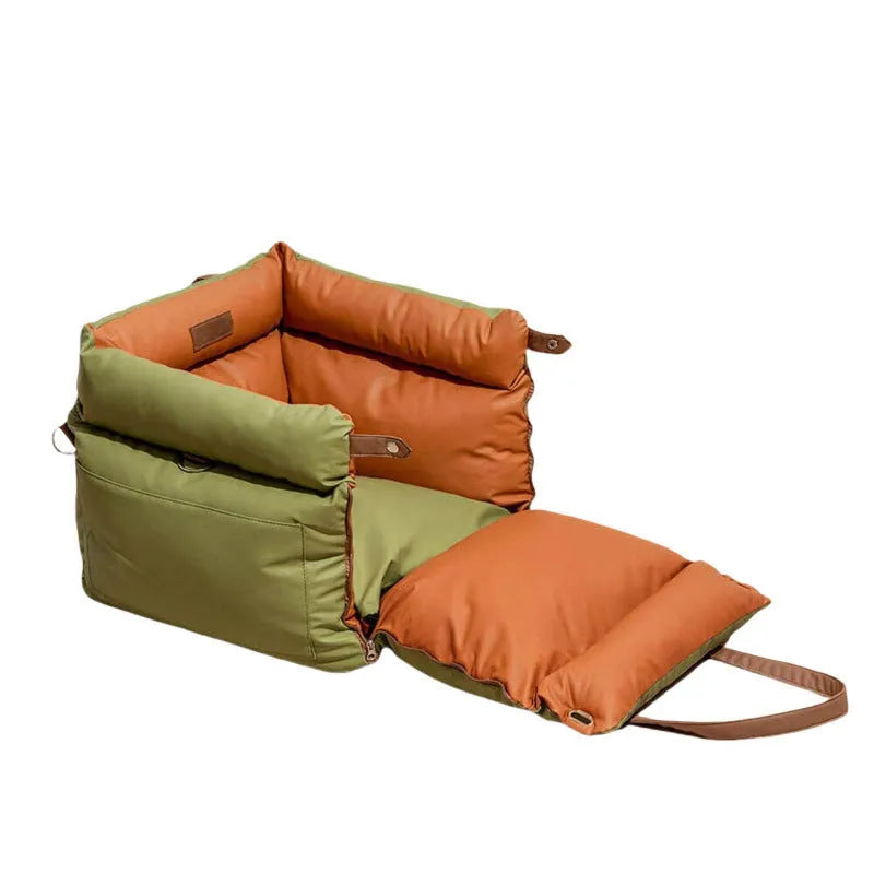 Green removable cover dog car nest with waterproof PU leather, shown next to a car seat.