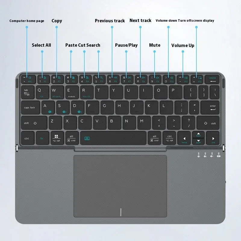 Grey wireless Bluetooth folding keyboard shown both open for use and folded for storage