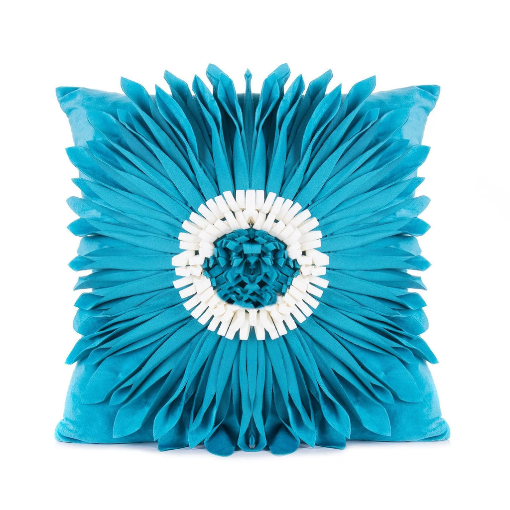Blue velvet cushion cover with tufted chrysanthemum pattern, 45x45cm, fringed hem
