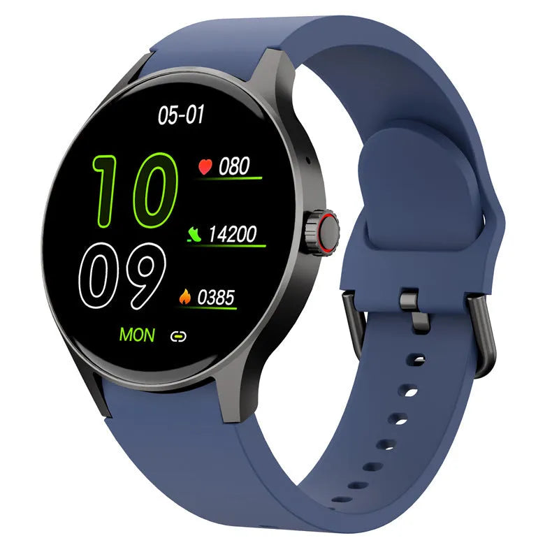 Round smartwatch with colour touchscreen display showing fitness data on wrist