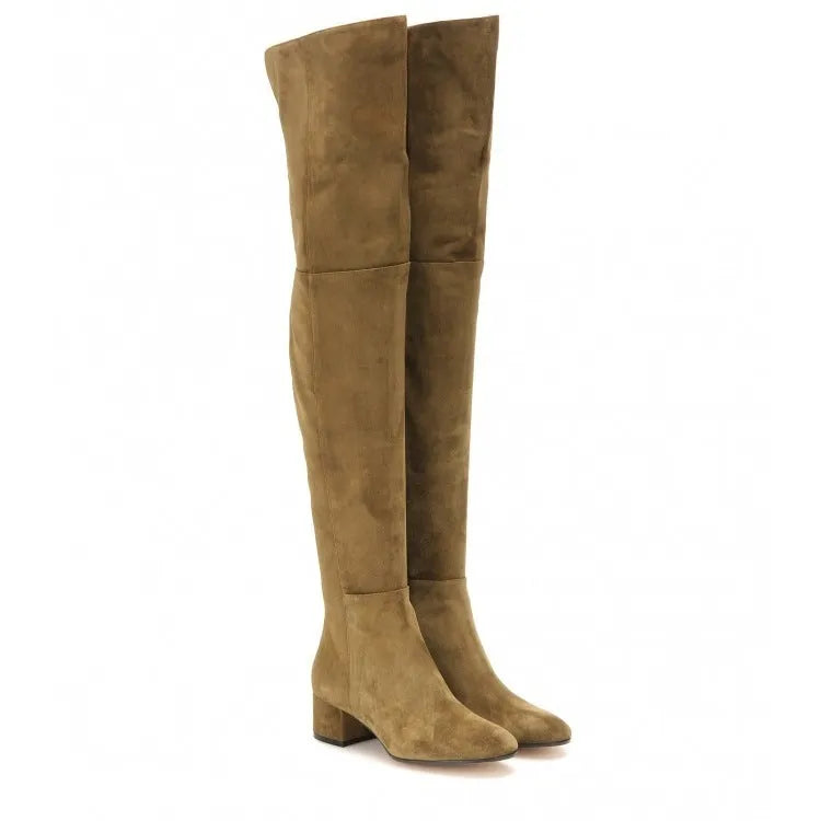 Women's grey suede flat over-the-knee boots with pointed toe and low thick heel