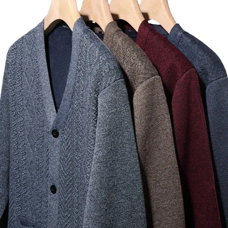 Men's plus size striped cardigan sweater with long sleeves and wool lining in brown colour.