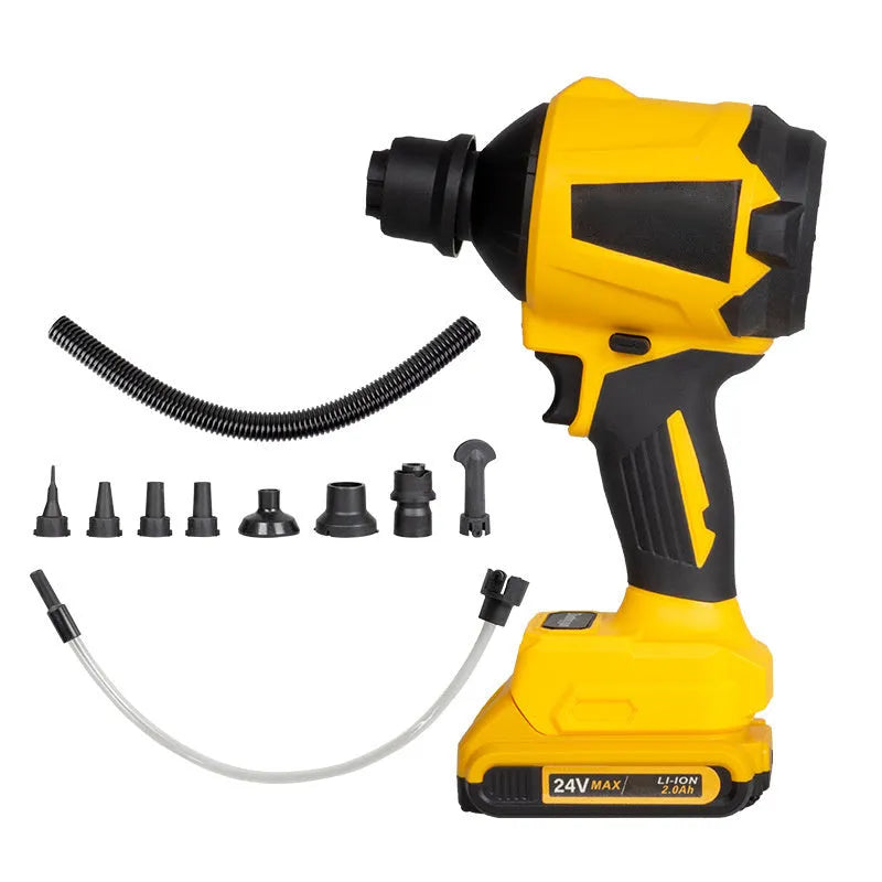 Yellow cordless handheld dust gun blower with accessories for home and office cleaning