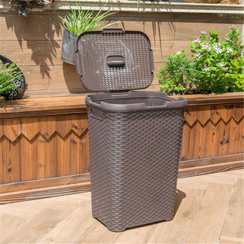Plastic rattan woven laundry basket in beige, grey, or brown, polypropylene, 44 × 34 × 62cm