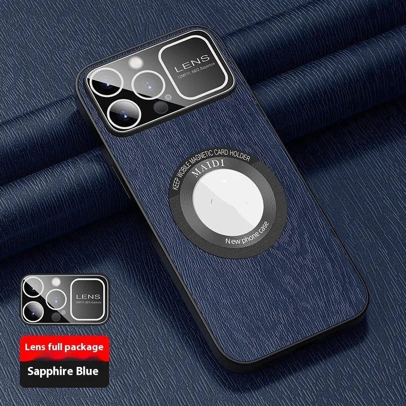 Magnetic iPhone case with large window tree pattern in silver gray, vibrant orange, elegant black or sapphire blue, TPU leather pattern