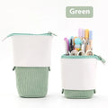 Corduroy telescopic stationery case shown expanded and collapsed in multiple colour options.