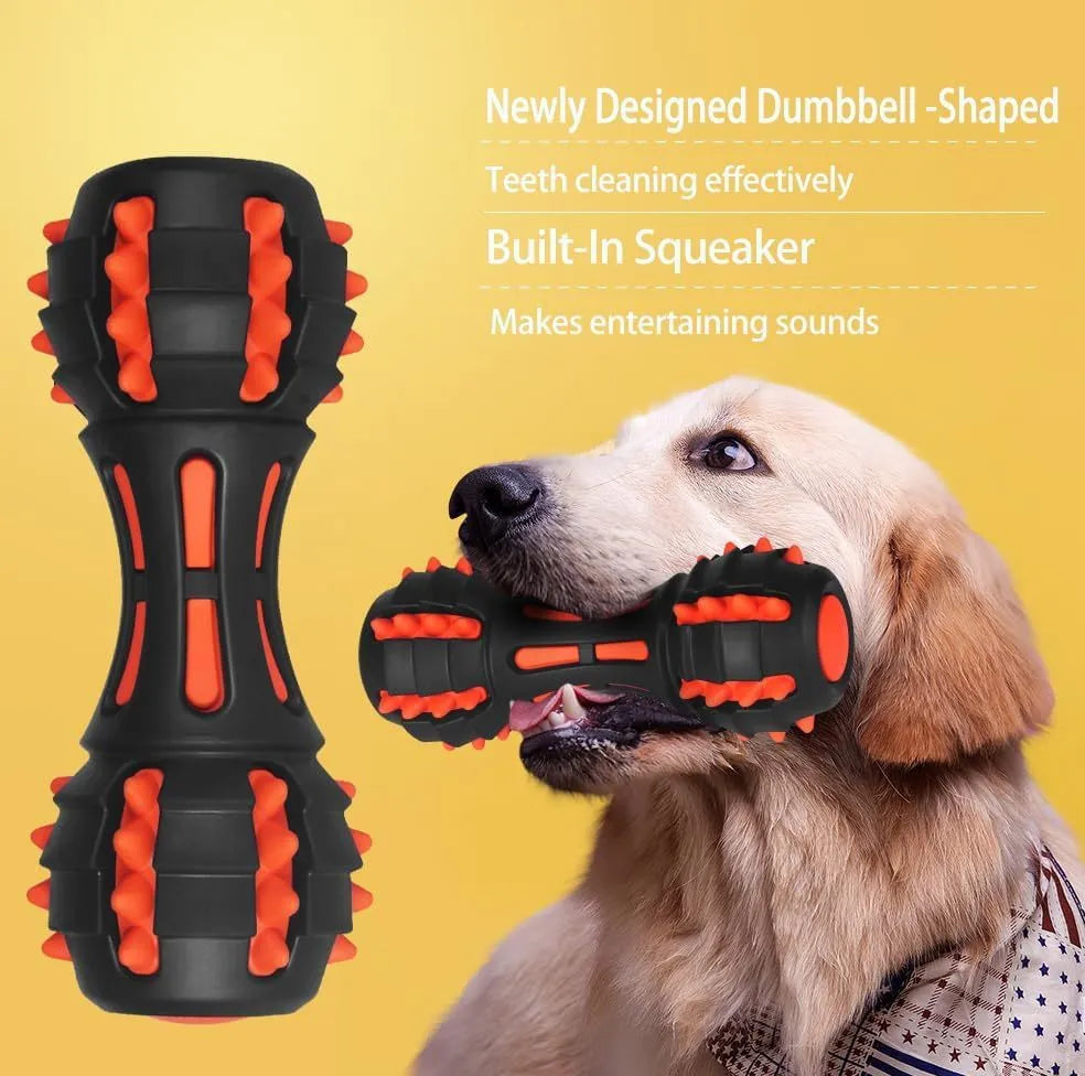 Red dumbbell-shaped dog chew toy with natural rubber construction and squeaky function