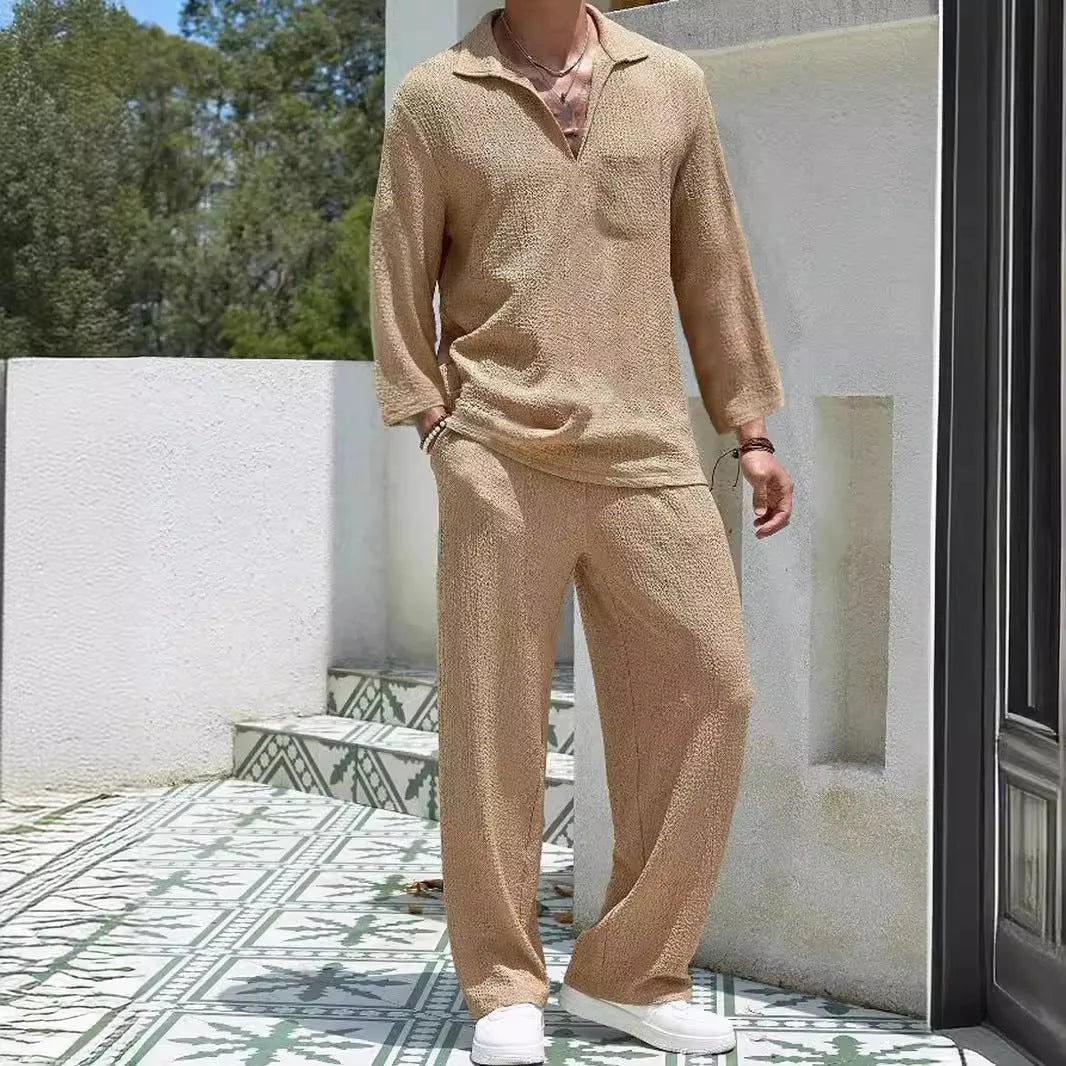Men's casual commuter suit comprising shirt jacket and matching trousers in polyester fabric