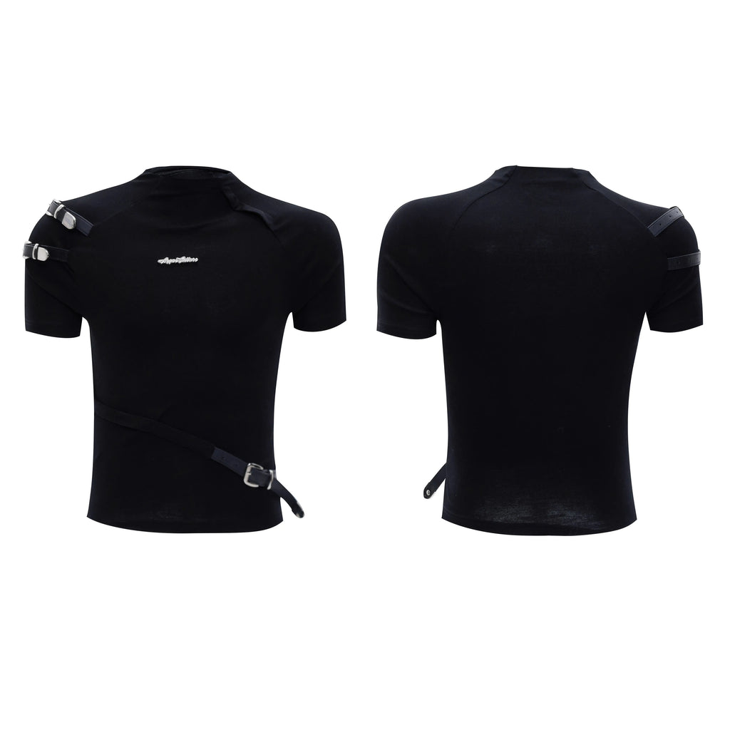 Men's black slim fit cotton T-shirt with stand-up collar and metal belt design detail