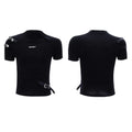 Men's black slim fit cotton T-shirt with stand-up collar and metal belt design detail