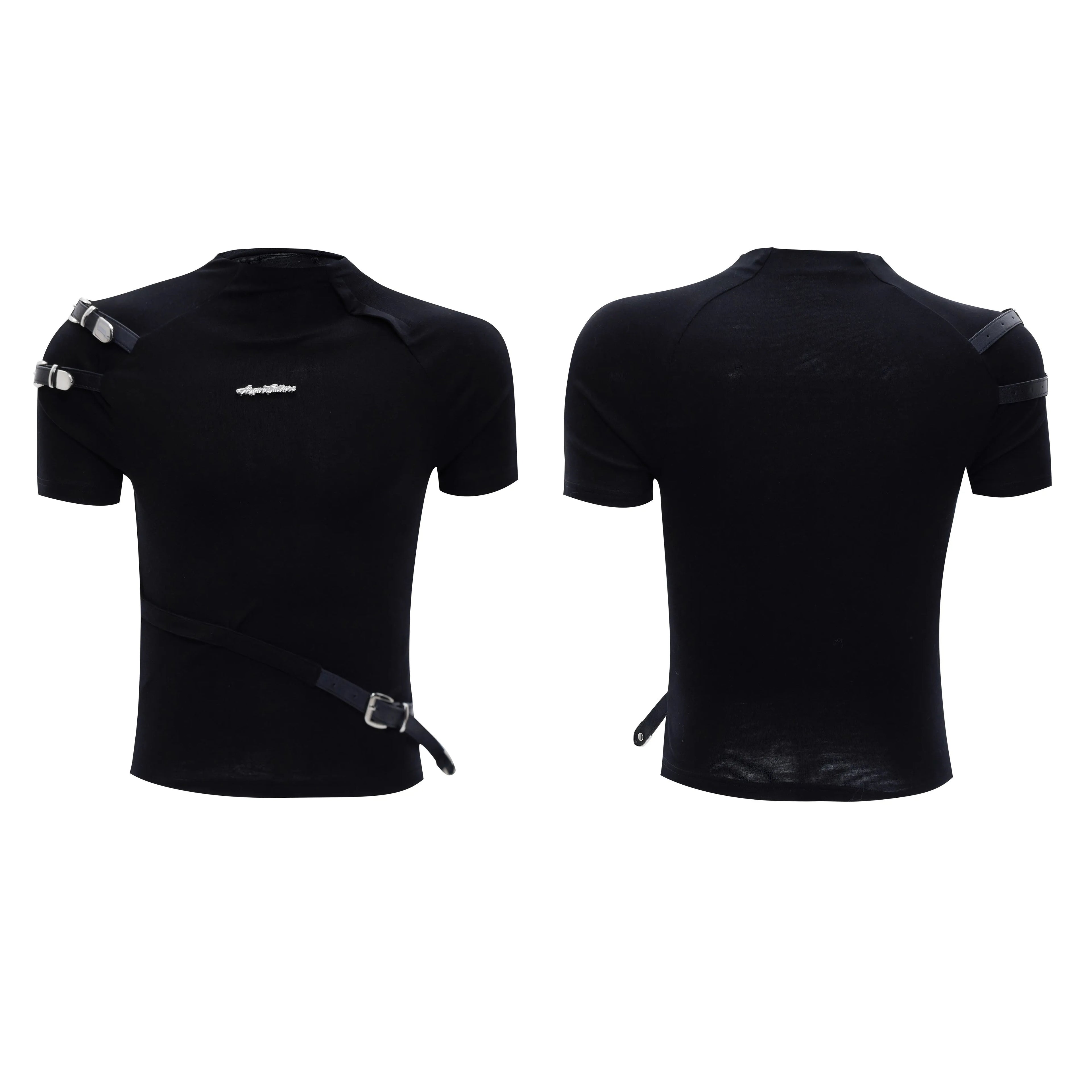 Men's black slim fit cotton T-shirt with stand-up collar and metal belt design detail