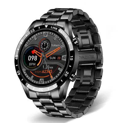 Smart watch with stainless steel wristband showing 1.3 inch screen, available in black or silver colour