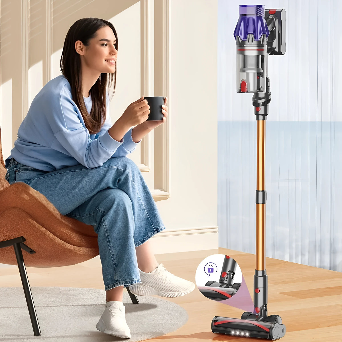 Cordless vacuum cleaner V7-CJD1003 with 500W motor and 50KPa suction, shown with power cord and manual.