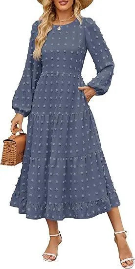 Beige casual long sleeve dress with ruffled sleeves and a high waist on a hanger