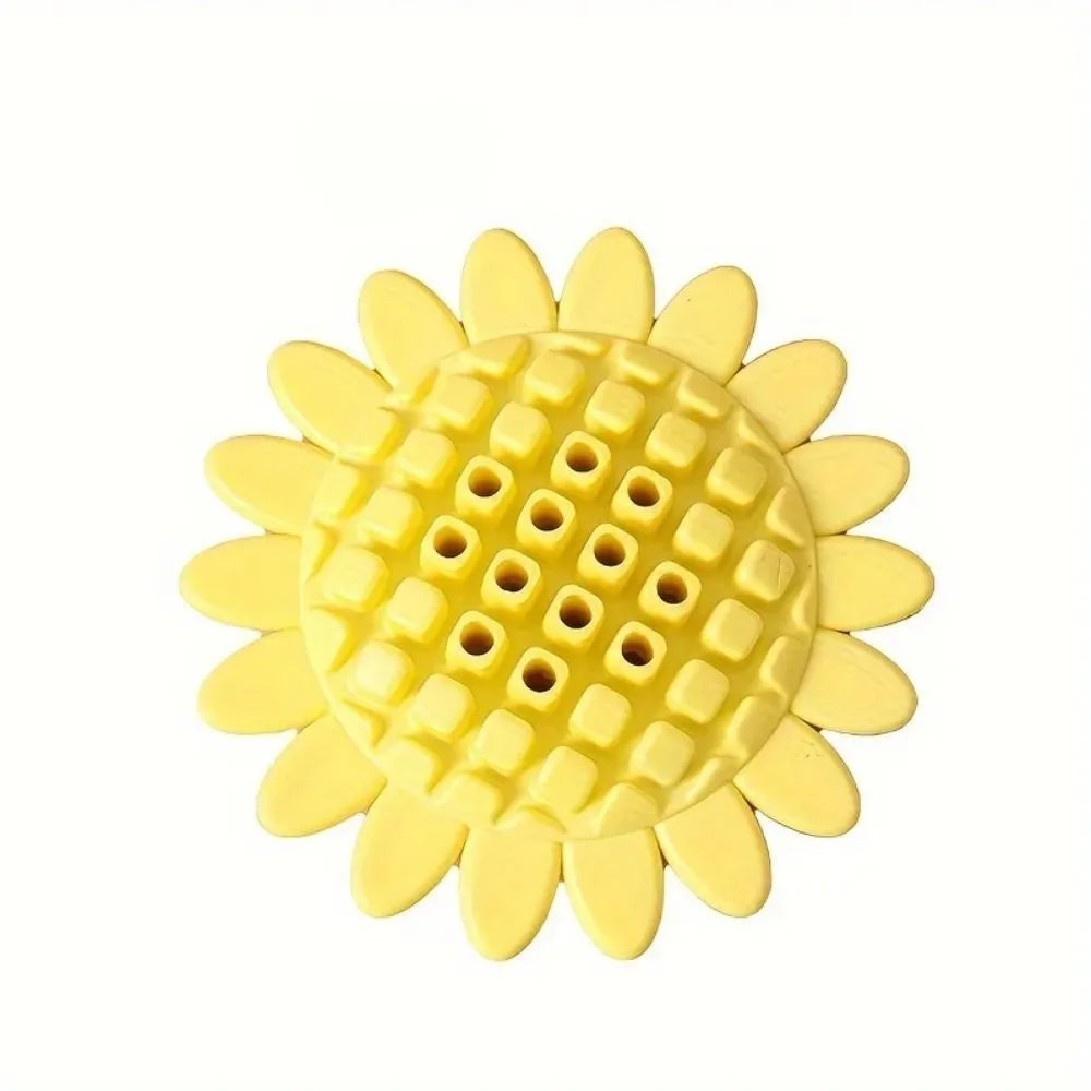 Yellow rubber sunflower dog toy durable chew for puppies teething and playing