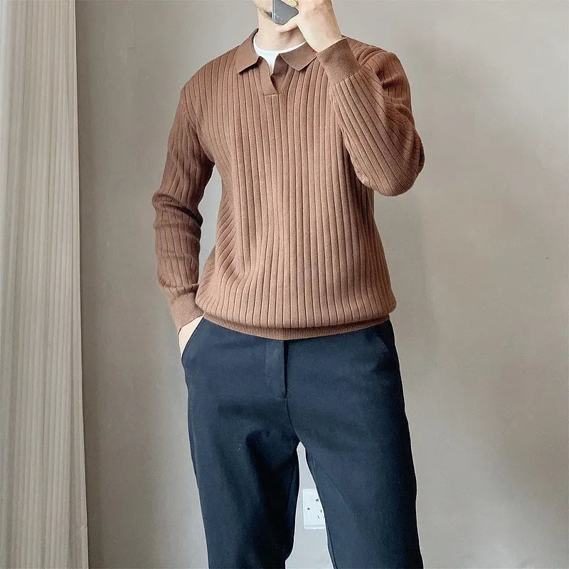 Male model wearing loose fit striped elastic knit sweater in modal and rabbit fur blend fabric