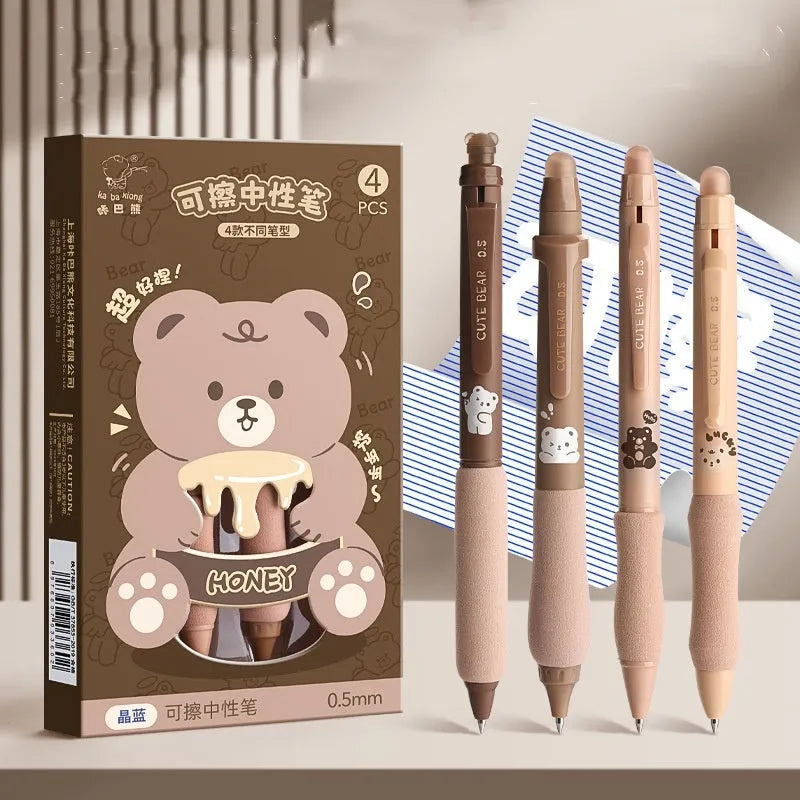 Erasable 0.5mm press gel pen with cartoon designs in black and crystal blue ink colours