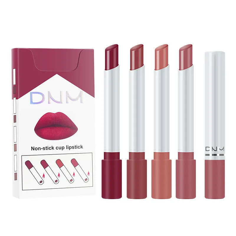 Non-stick lipstick set of 4 thin cigarette pipe lipsticks in assorted colours.