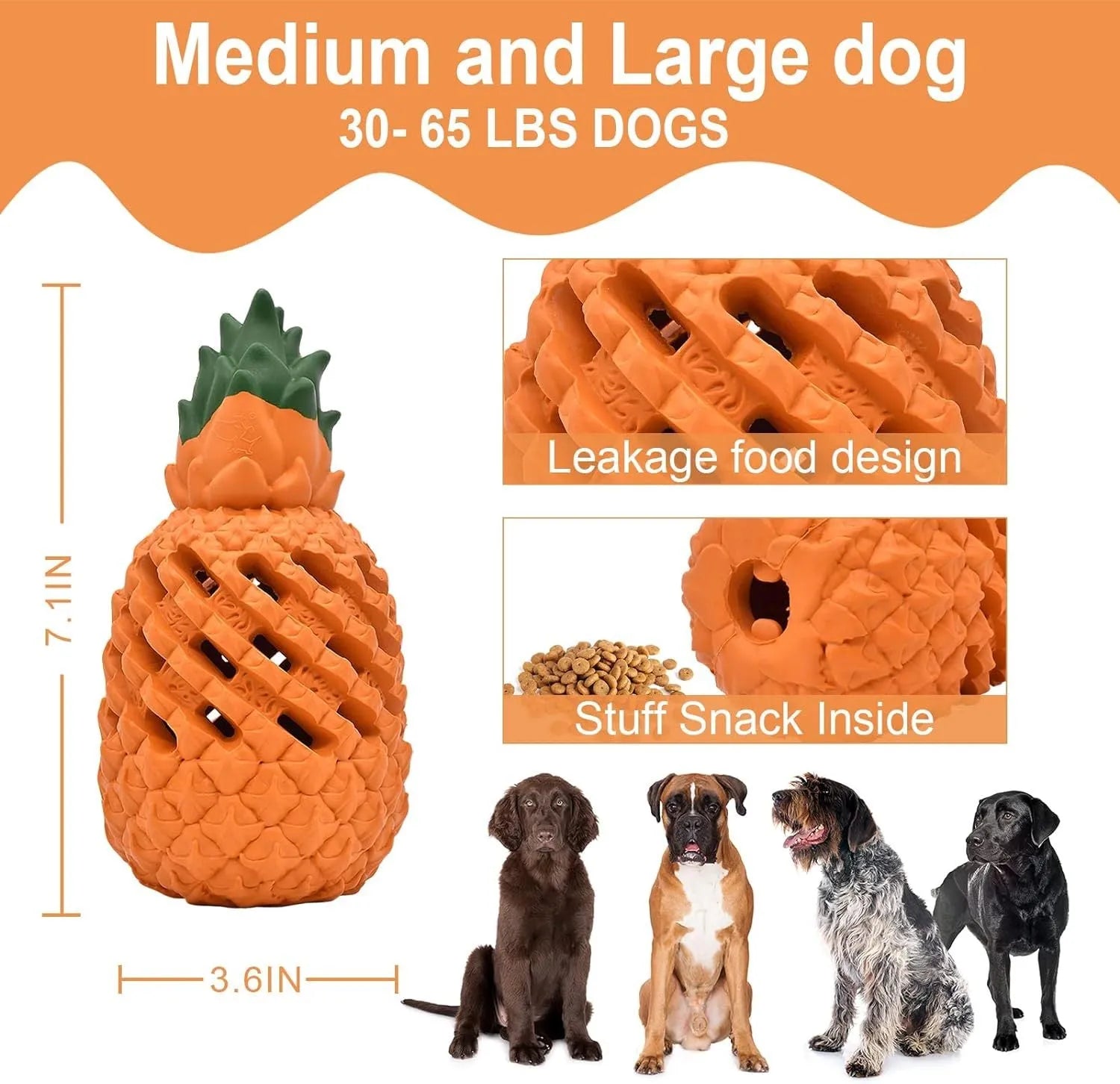 Pineapple-shaped natural rubber dog chew toy for aggressive chewers, available in multiple sizes