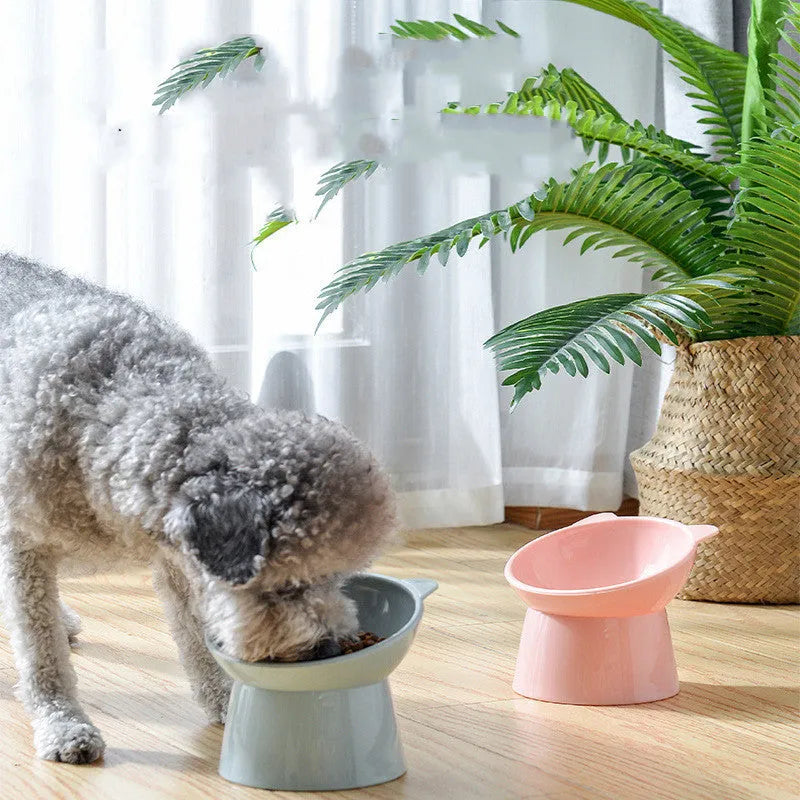 Oblique mouth cat bowl in light pink PP plastic with high side and smooth inner wall